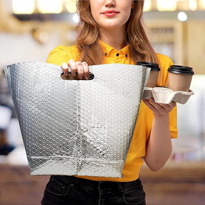 APQ Insulated Foil Bag With Handles 11 x 8.5 x 5.5 Inches. 10 Pack Thermal Bags for Frozen Food. Metallized Foil Box Liners With Bubble Cushion. Shipping Bags for Food Cosmetics