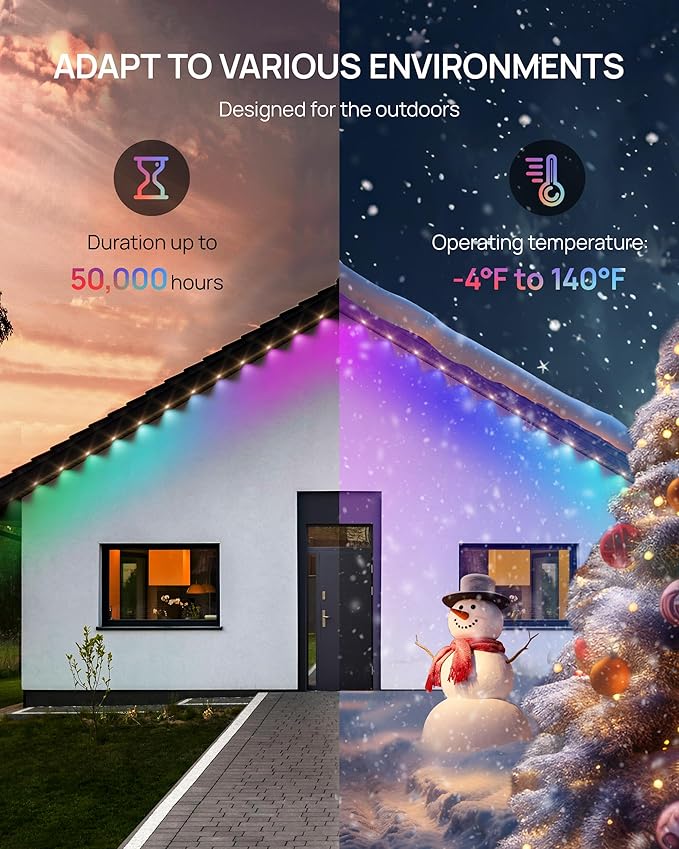 VCOKEN Permanent Outdoor Lights 111FT with Smart 72 RGB LED Light for House &amp Outdoor Decor DIY Scene Mode IP65 Waterproof Eaves Lighting with App Control Remote for Christmas and Holiday Decor