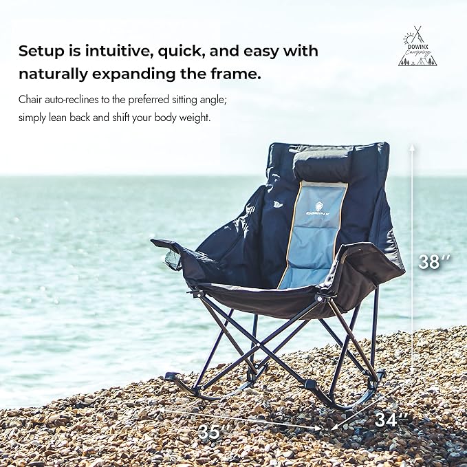 Dowinx Oversized Rocking Camping Chair Fully Padded Patio Chair with Side Pocket and Carry Bag High Back Portable Lawn Recliner with Headrest Support 300 lbs Grey