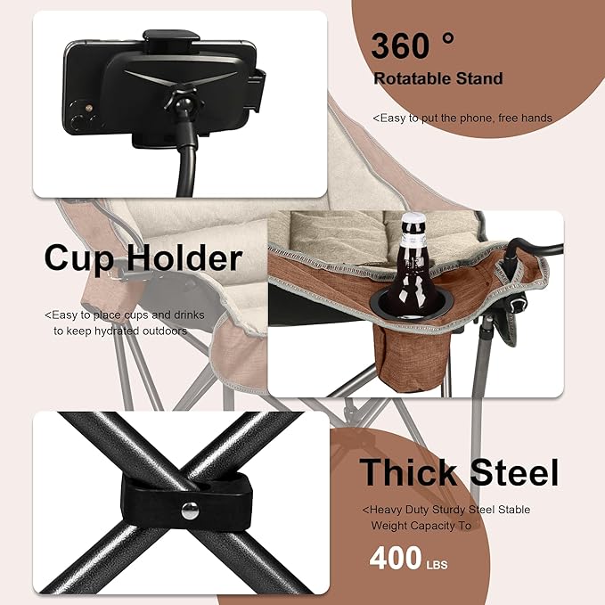 Northroad Oversized XL Padded Camping Chair w/Cell Phone Holder Large Camp Chair Foldable Lawn Chair w/Cup HolderCarry Bag for Outdoor Hiking Picnics Heavy-Duty 400-lbs Capacity Moca