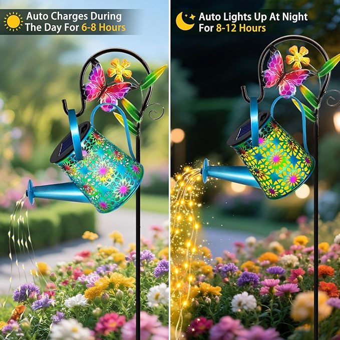 2 Pack Solar Lights Outdoor Decorative Blue Metal Solar Watering Can Lights Waterproof Gifts for Women Mom Grandma Birthday Hanging Lanterns Decoration Garden Decor for Outside Yard Patio Lawn