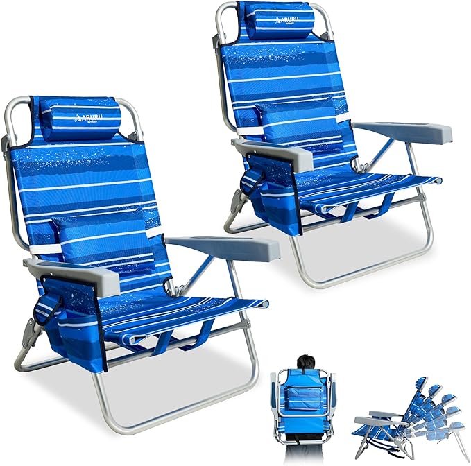 Beach Chairs for Adults 2 Pack Portable Folding Backpack Beach Chair Heavy Duty 5-Position Lay Flat with Cooler Bag Cup Holder for Outdoor/Lawn/Picnic/Camping