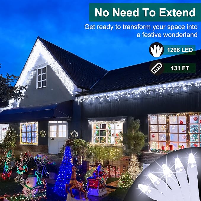 1296 LED Outdoor Christmas Lights with 288 Drops 131FT ChristmasLights with 8 Modes Timer Christmas Twinkly Lights IP44 Waterproof for Eaves Yard Room Holiday Wedding Party Decor(Cool White)