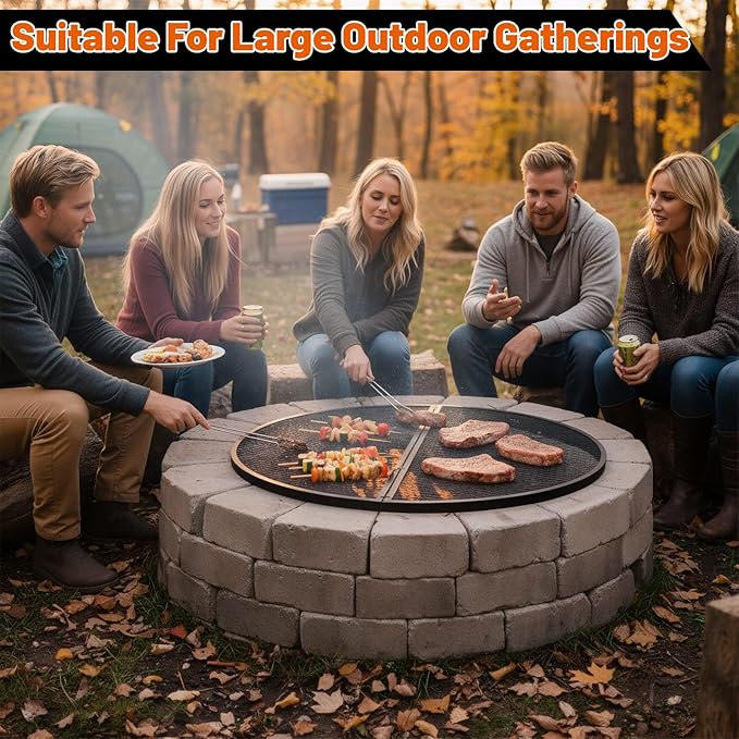 40 Inch X-Marks Fire Pit Grill Grate Round Foldable Fire Pit Cooking Grate Heavy Duty Steel Campfire BBQ Grill Grid with Handles for Outdoor Camping Cooking Black