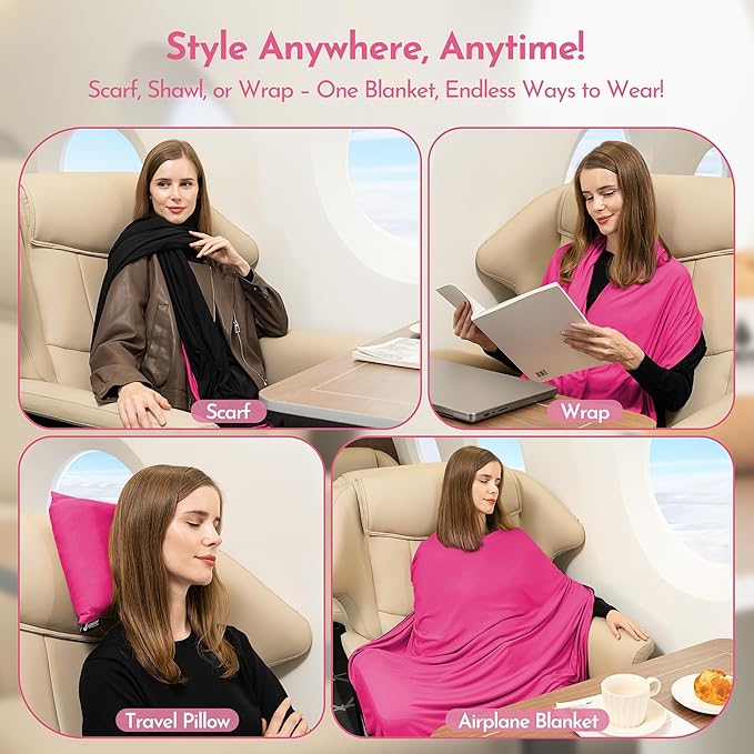 16-in-1 Compact Travel Blanket with Bag – Reversible Ultra Soft Bamboo Airplane Blanket with Hidden Pocket – Packable for Flights &amp Travel Essentials (Semi-Weighted Double Layer)