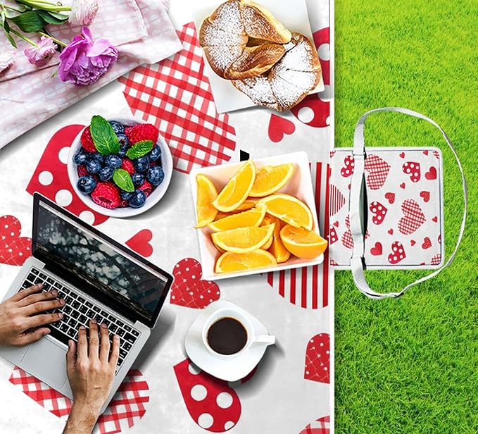 MNSRUU Picnic Blanket Waterproof Foldable Dotted Heart Large Outdoor Picnic Beach Camping Blanket Travel Mat Shoulder Strap Tote Rectangle 57x59in