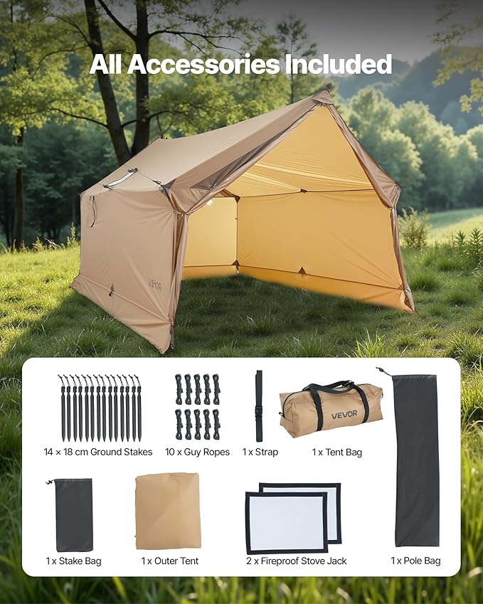 VEVOR Hot Tent Camping Tipi Hot Tents with Stove Jack Portable Winter Camping Tents with Snow Skirt Easy Setup Waterproof 4 Season Shelter Tents for Fishing Backpacking
