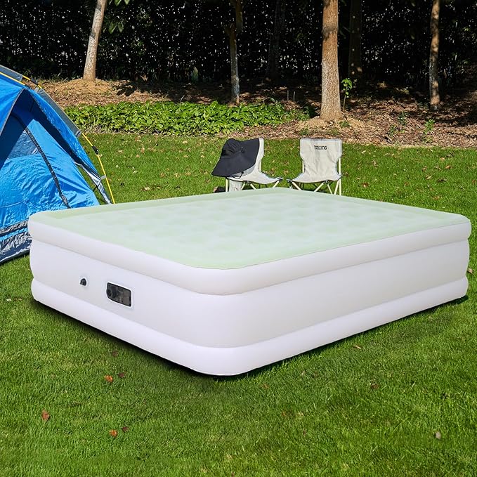 Queen Size Air Mattress with Built-in Pump Inflatable Bed Blow Up Mattress 18in Green White