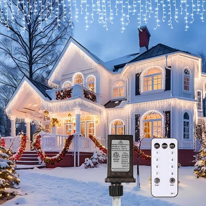 LED Icicle Lights for Outdoor Christmas Decorations118Ft 1200 LEDs Christmas Fairy Light with Timer&ampMemory Function8 Lighting ModesPlug in hanging Curtain Lights for Xmas Party(Cool White)