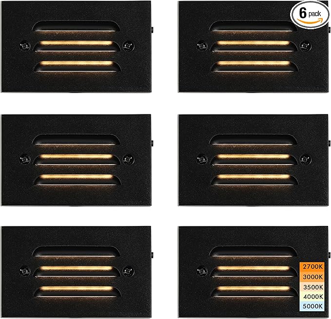 CLOUDY BAY 5CCT 12V 4W Low Voltage LED Step Light with Horizontal Louvered Faceplate for Steps Decks StairsOutdoor Stair LightsWet Locations6 PackBlack
