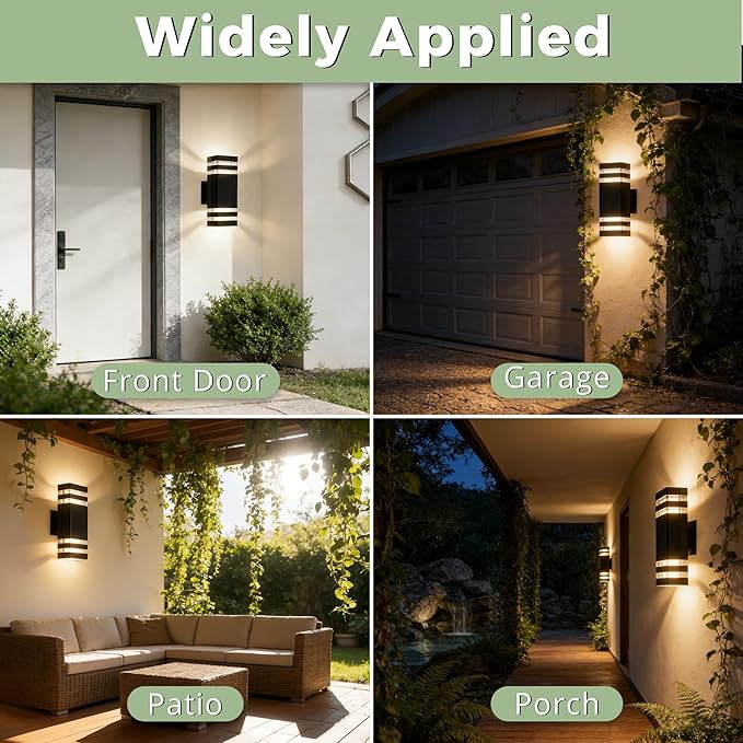 Dusk to Dawn Outdoor LightingSquare Aluminum Up and Down Exterior Lighting Fixtures Wall Mount with 2 * 7W LED Bulbs 3000K Waterproof Outdoor Wall Lights for House Porch Patio Garage Black