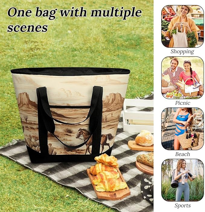 Insulated Shopping BagLarge Reusable Cooler Bags West Desert Cactus with Cowboys Riding Horses Printed Foldable Shopping BagTravel Waterproof Shoulder Bag