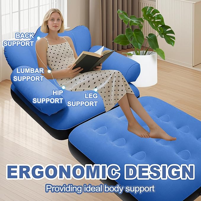 SeaSlep Blow Up Pull Out Couch with HeadboardInflatable Couch with Flocked SurfaceFolding Inflatable Chair for AdultsPortable Air Sofa BedDurable Air CouchesInflatables couches for Camping-1pc