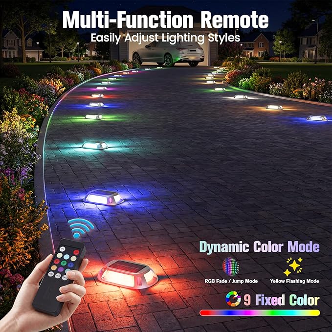 VOLISUN Solar Driveway Lights Dock Deck Lights with Remote 12 Pack9 Colors in 1 Led IP67 Waterproof Outdoor Warning Step Lights for Driveway Sidewalk Pathway RGB