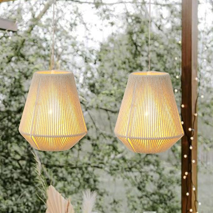 JHY DESIGN Set of 2 Battery Powered Lamp 8 H Braided Cotton Rope Decorative Pendant Lamp Battery Light with 6 Hours Timer for Bar Bedroom Patio Indoor Outdoor Living Room