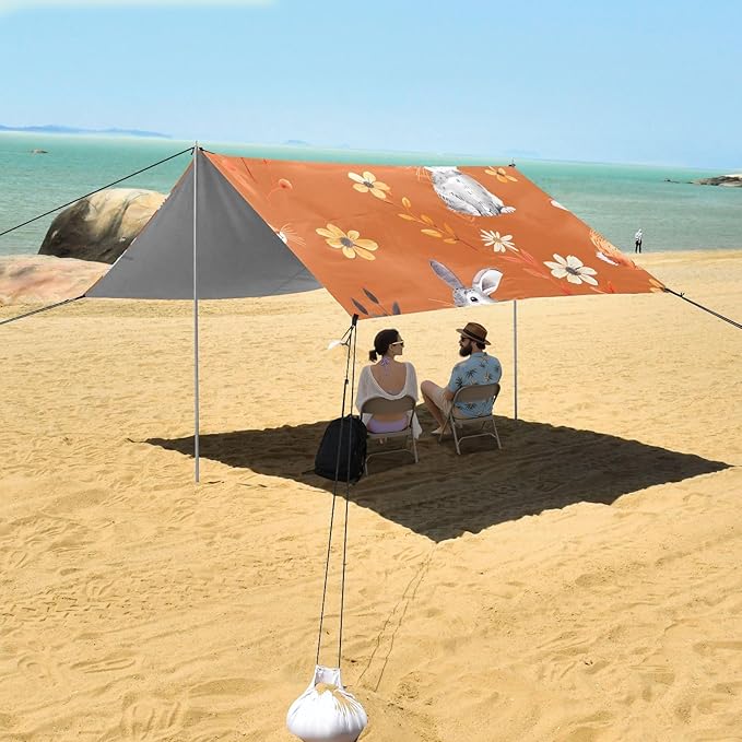 Bunny Rabbit Cartoons and Cute Flower on Orange Background Camping Sun Shelter Beach Tent Portable Beach Sun Shade Outdoor Canopy for Camping Trips Fishing Picnic