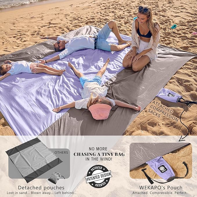 WEKAPO Beach Blanket Sandproof Waterproof Extra Large Beach Mat Oversized &amp Compact Sand Free Quick Drying Beach Essentials for Vacation Cruise Picnic &amp Camping with Stakes