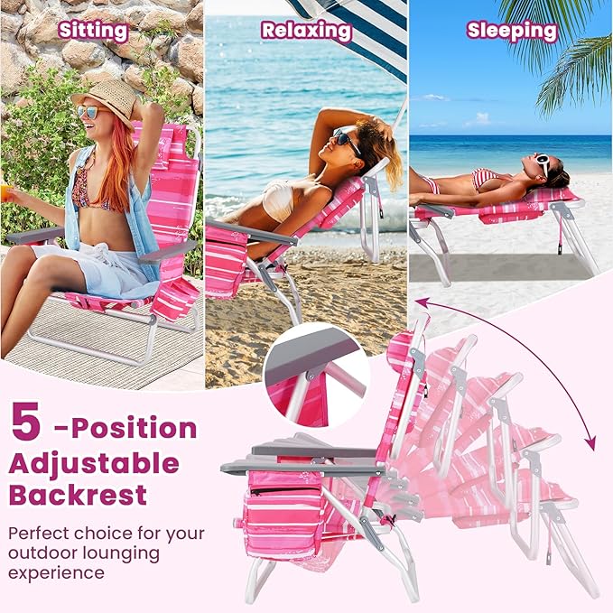 Backpack Beach Chair 5 Position Adjustable Camping Chairs with Aluminum Table Head Pillow Cooler Bag Cup Holders Folding Beach Chairs for Adults (with Table Pink Stripe)