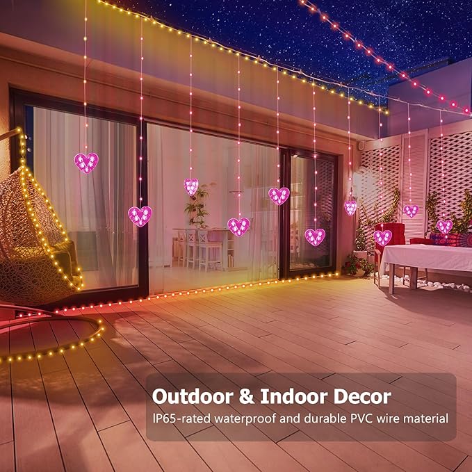 Heart Curtain Lights Valentines Day Decor 10ft x 3.3ft RGB LED Color Changing String Fairy Lights Curtain 200+ Scene Modes for Valentines Day Decorations Bedroom Backdrop Indoor Outdoor
