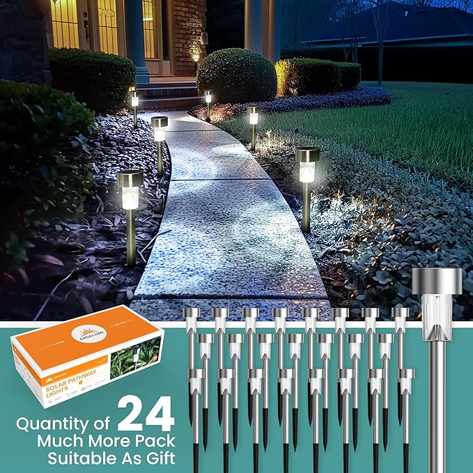 GIGALUMI 24 Pack Solar Path Lights OutdoorSolar Lights Outdoor WaterproofStainless Steel LED Landscape LightingSolar Garden Lights for DrivewayPathwayPatioYard