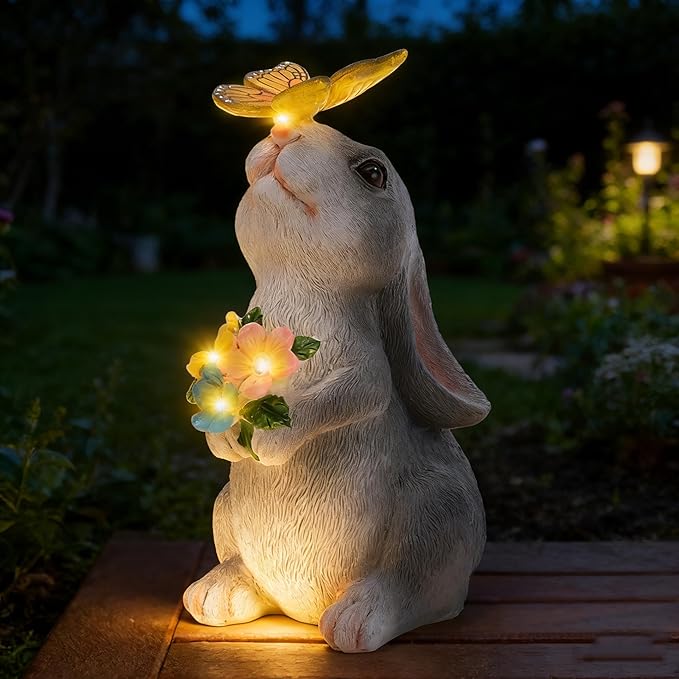 Solar Garden Decor Bunny with Flowers Statues Outdoor Outdoor Figurine Statue Lights Outdoor Garden Yard Lawn Patio Decoration Unique House Warming Birthday Present for Women Family