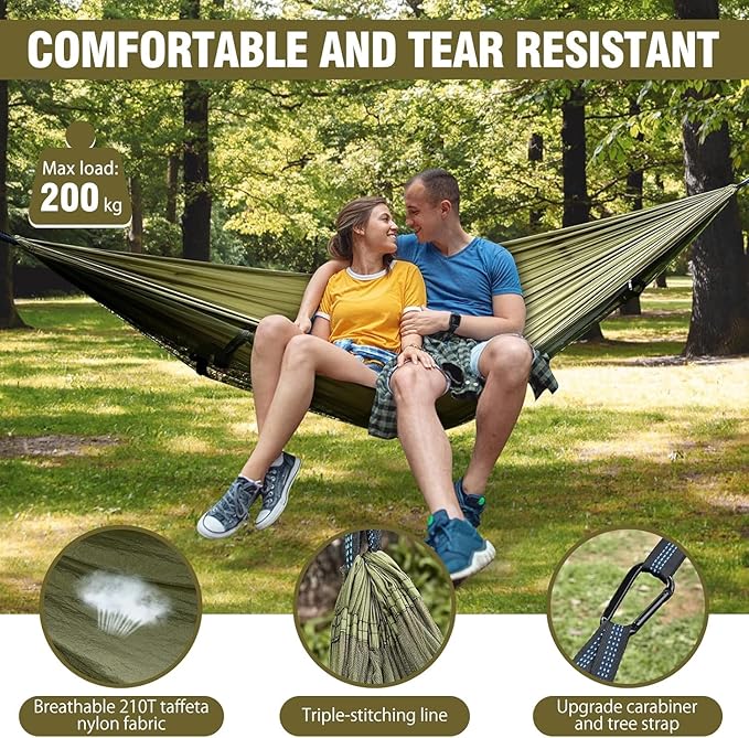 Camping Hammock with Mosquito Net Lightweight Portable Double &amp Single Hammock Tent with 2 Tree Straps Parachute Nylon Hammock for Outdoor Backpacking Beach Backyard Patio Hiking Arm Green