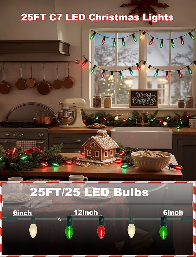 25FT Red Green White Christmas LightsMulticolor LED C7 Christmas String Lights with 27 LED BulbsDimmable Hanging Lights Candle for Outside Porch Garden Roofline Party Decor