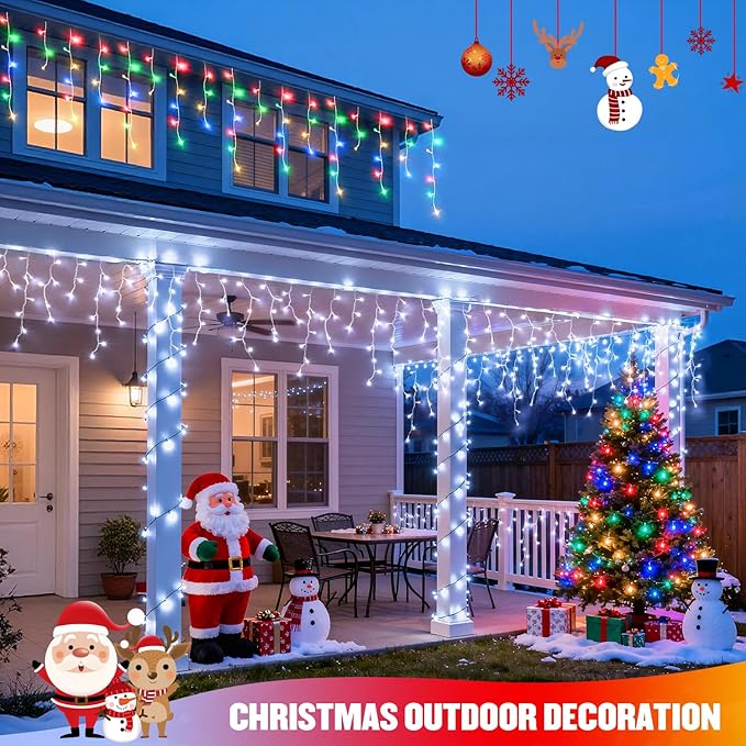 JMEXSUSS Color Changing Lights Outdoor Waterproof 11 Modes 400 LED Christmas Icicle Lights with 40 Drops White to Multicolor Icicle Light for Indoor Christmas Eaves Party Decorations