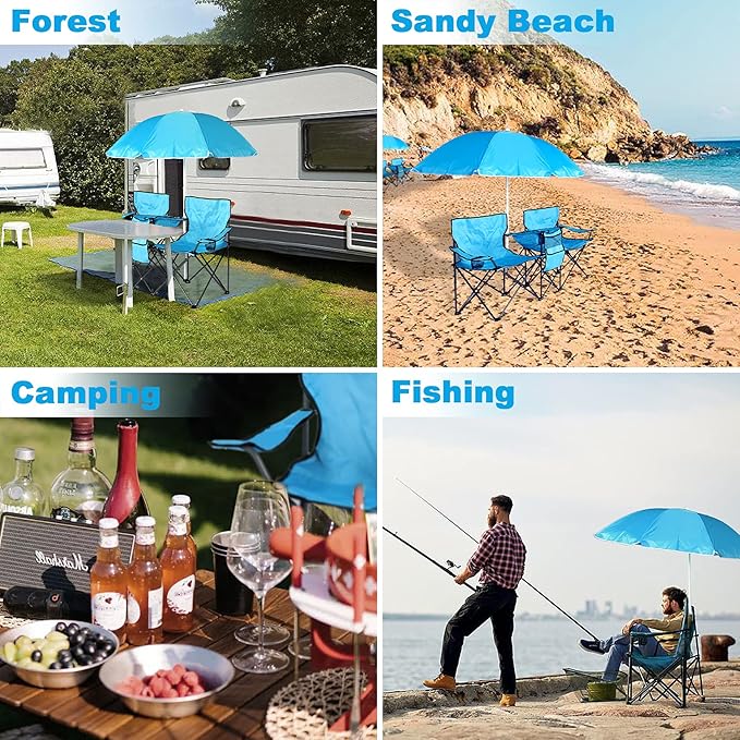 LAZZO Double Folding Camping Chairs Portable Picnic Camping Chairs w/Umbrella Mini Beverage Holder Carrying Cooler Bag Outdoor Picnic Double Folding loveseat Camp Chairs for Beach Patio Pool Park