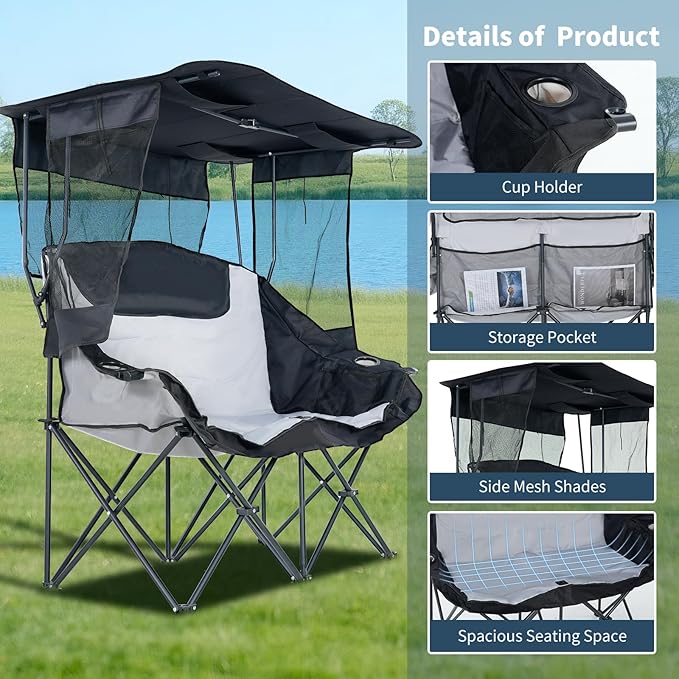 LILYPELLE Double Beach Chair with Canopy Shade Oversized Folding Camping Chair with Canopy Loveseat Camp Chair with Cup Holder Side Pocket for Camp Beach Lawn Fishing