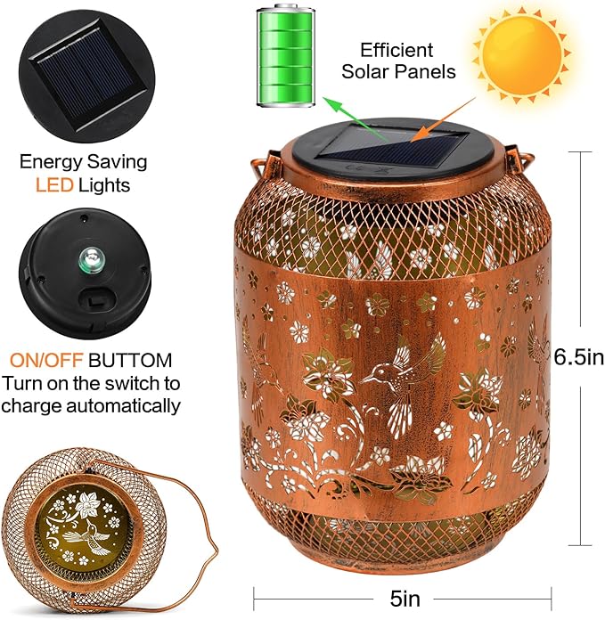 Hummingbird Solar Lanterns Outdoor Waterproof Garden Decor Birthday Gifts for Mom Women Grandma Metal Hanging Solar Lights Outdoor Decoration for PatioYardPorchBackyard