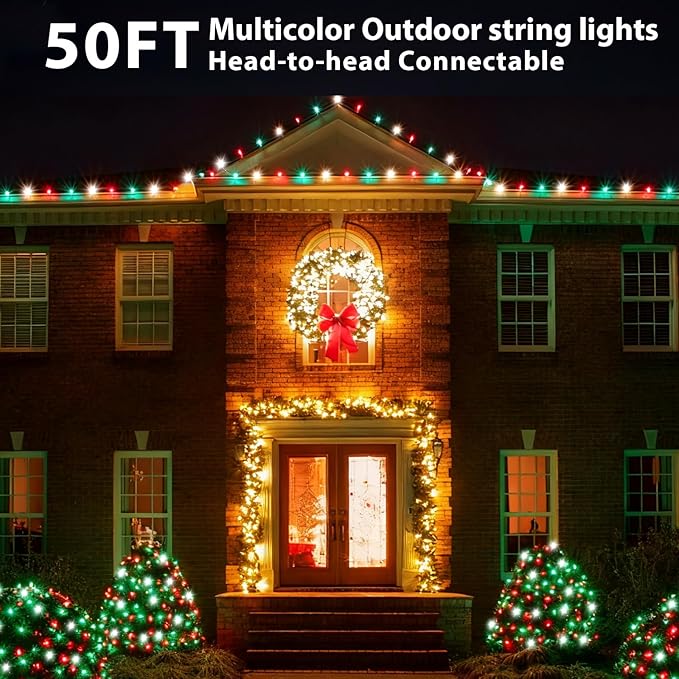 100 LED 50Ft Globe Christmas Lights Outdoor Round G30 Christmas Small Balls Lights Connectable Waterproof for Patio Backyard Eaves Tree Porch Indoor Outdoor (Red Green and White)