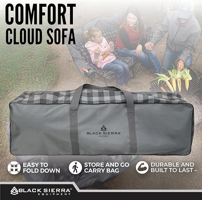 Black Sierra Double Camping Chair for Adults Oversized Folding Loveseat Supports 600 lbs Plush Padded Outdoor Couch with Cup Holders and Carry Bag for Beach Patio RV or Tailgating Events