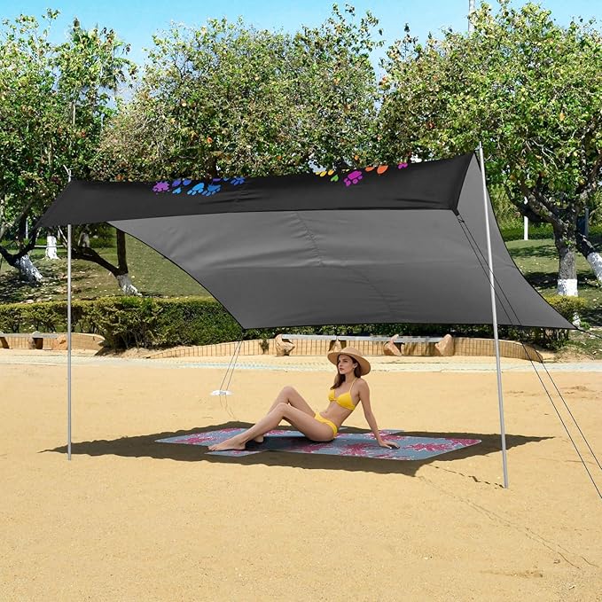 Camping Sun Shelters Color Drops with Dog Paws in Heart Shape Beach Canopy 126 * 110.2in