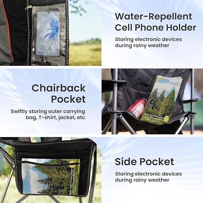 Folding Camping Chairs for Adults - High Back Padded Outdoor Lawn Chairs with Lumbar Support &amp Cup Holder (Black &amp Gray 1 Pack)