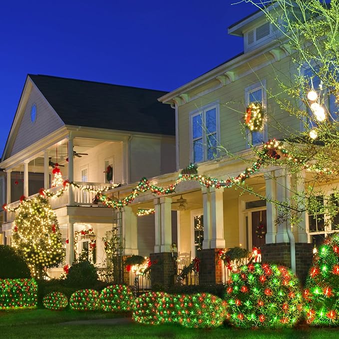 WBao Christmas Lights 200LED 9.8ft x 6.6ft Christmas Bush Lights 8 Modes Timer End to End Connectable Waterproof Design for Lawn Bush Tree Outdoor Xmas Decorations Red Green (Clear Wire)