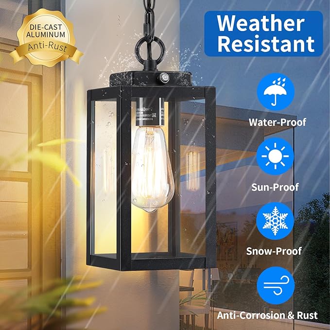 11'' Dusk to Dawn Outdoor Pendant Light Modern Outside Chandelier Outdoor Hanging Lantern Light Matte Black with Clear Glass Exterior Pendant Lighting Fixture for Porch Yard Gazebo 1Pack (Small)