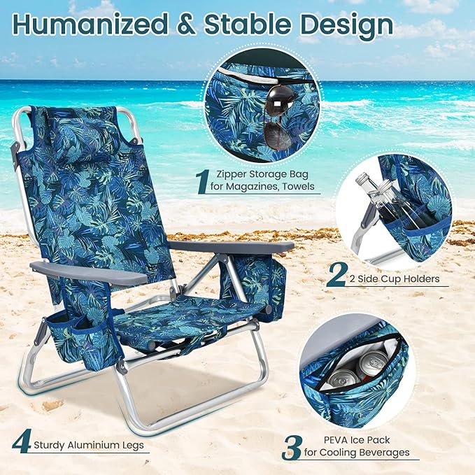 Tangkula Set of 2 Backpack Beach Chair 5-Position Lay Flat Beach Chairs with Cooler Bag 2 Cup Holders Towel Bar Lightweight Folding Beach Chair with Backpack Straps