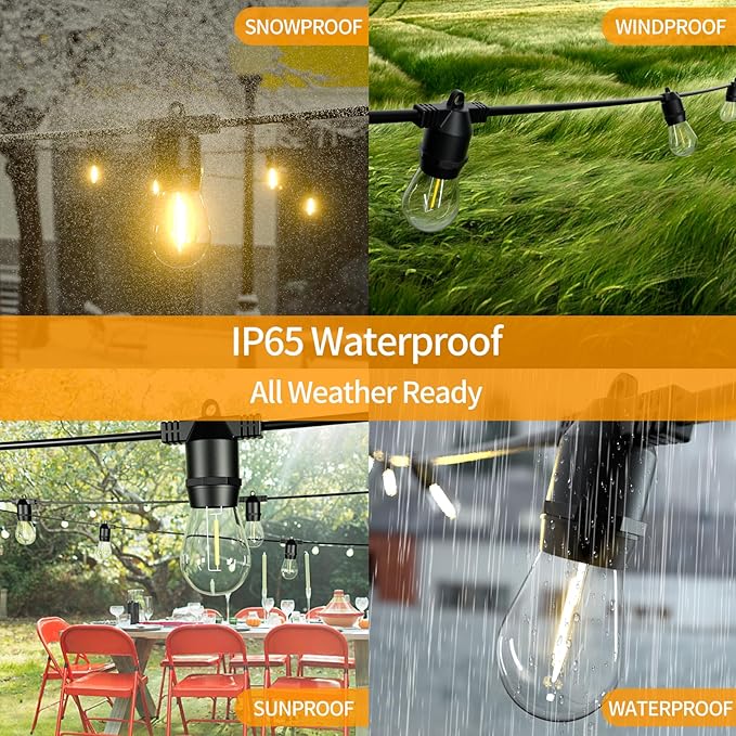 S14 LED Outdoor String Lights IP65 Waterproof 48FT Outside Patio Lights Edison Shatterproof Bulb Vintage Backyard Lights Balcony Deck Garden Lights
