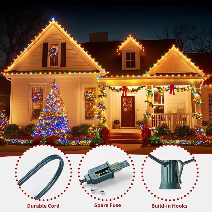 Minetom C9 Multicolor Christmas String Lights 25FT 25 Blubs Bright &amp Warm Outdoor Christmas Lights Long Life C9 String Lights for Tree Patio Gazebo Wreath Multicolor Green Wire
