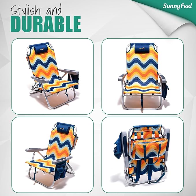 SUNNYFEEL Beach Chairs for Adults 2 Pack 5 Position Lay Flat Portable Folding Backpack Beach Chair Heavy Duty with Cooler Bag Cup Holder for Outdoor/Lawn/Picnic Foldable Camping Chair