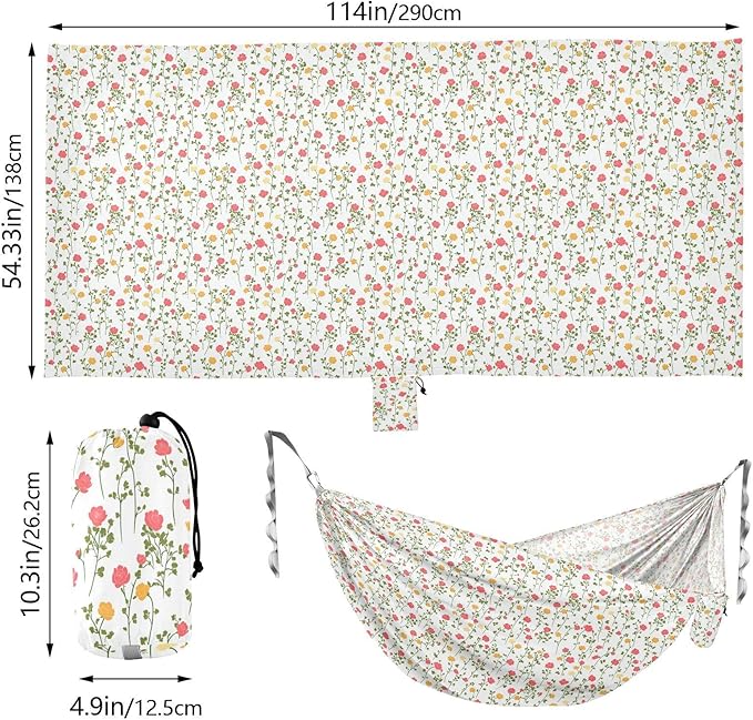 ALAZA Little Rose Flower Floral Camping Hammocks Single or 2 Person 500 lbs Portable Parachute Travel Hammock w/Tree Straps for Hiking Backpacking Indoor Outdoor
