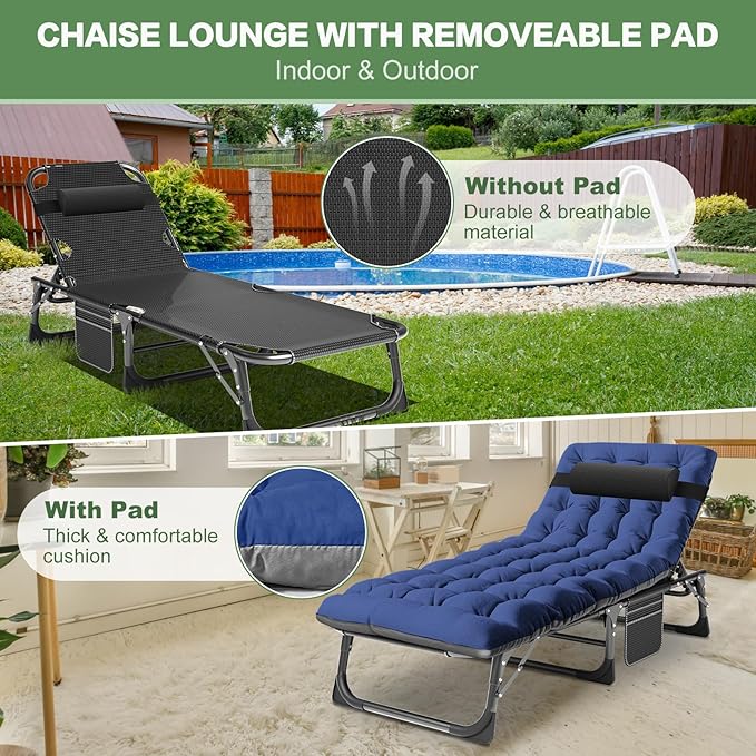 Barbella Folding Lounge Chair with Mattress 4 Position Adjustable Folding Sleeping Bed Cot Patio Chaise Lounge Chairs Perfect for Sunbathing Camping Pool Beach Patio Black Chair/Blue Pad