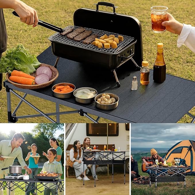 Anbte 34.2” Tall Camping Table Foldable 2 Adjustable Height Large Roll Up Camping Table Support 264lbs with Storage Basket and Bag Waterproof for Travel BBQ Outdoor Patio 39.4” x 19.7” Black