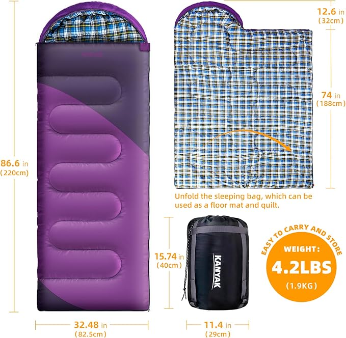 Camping Sleeping Bag 32℉ Sleeping Bags for Adults Kids Teens Cold Weather Warm Sleeping Bag Winter for 3-4 Season Camping Camping Gear Equipment Traveling and Outdoors