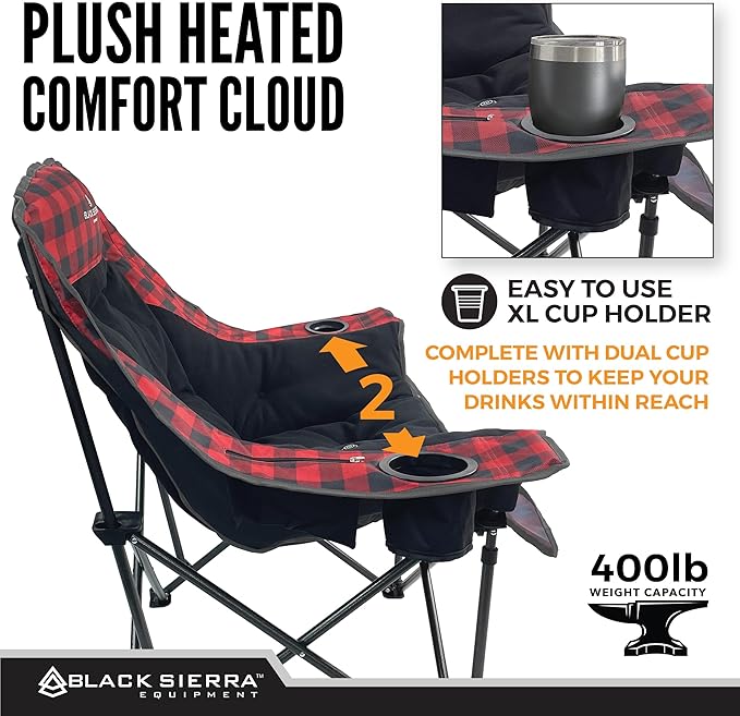 Black Sierra Heated Fleece Camping Chair for Adults Oversized Outdoor Seat with Plush Padding Supports 400lbs Cup Holders and Carry Bag Heavy Duty Folding Chair for Tailgating or Patio