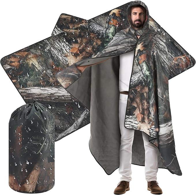VitalCozy 55 x 95 Waterproof Woobie Camo Blanket for Hunting Extra Outdoor Stadium Blankets Sherpa Lining with Hood and Storage Pocket for Deer Duck Hunting Gear Blind Accessories(Bionic Bush Camo)