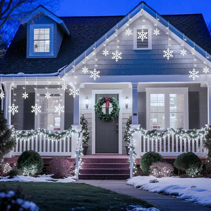 Brightown Christmas Snowflake Lights Outdoor - 13FT 192LED Snowflake String 16 Drops 12 Modes Timer IP65 Waterproof Connectable Xmas Lights for Eaves Windows Indoors &amp Outdoors