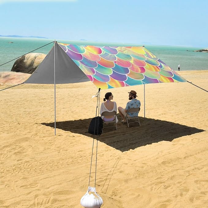 ALAZA Rainbow Mermaid Scales Beach Tent Sun Shelter UPF50+ Protection Beach Shade Canopy w/ 4 Sandbags for Outdoor Camping Fishing Backyard Fun Picnic 10x9 ft