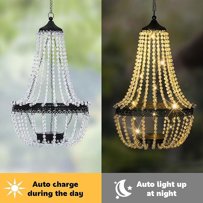 Hanging Solar Lantern Outdoor 28” Modern Clear Crystal Acrylic Chandelier with 30 Warm White Lights S Hook for Garden Yard Patio Gazebo Decorations